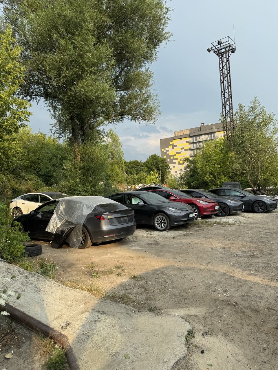 Кілька Tesla Model 3 різних кольорів у черзі на обслуговування